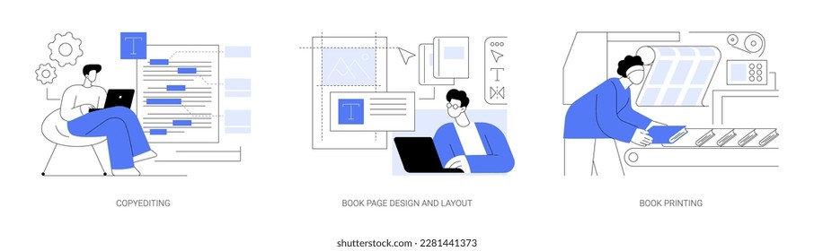 Books manufacturing abstract concept vector illustration set. Copyediting and proofreading, book page design and layout, magazines and newspaper polygraphy, publishing house abstract metaphor.