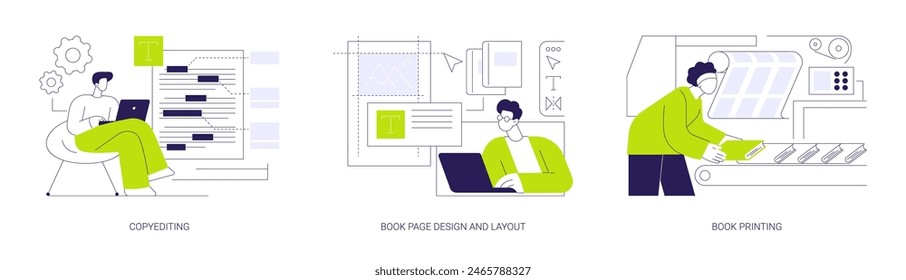 Books manufacturing abstract concept vector illustration set. Copyediting and proofreading, book page design and layout, magazines and newspaper polygraphy, publishing house abstract metaphor.