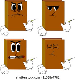 Books with medical injection in hand. Cartoon book collection with angry faces. Expressions vector set.