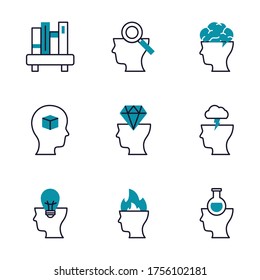 books and Mental health icon set over white background, half line half color style, vector illustration