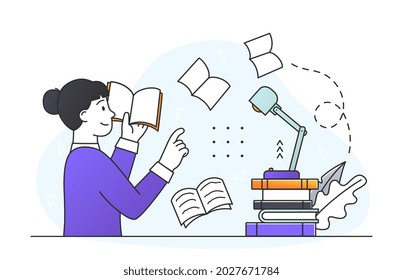 Books message concept. Literature meaning and author moral idea. Smart Woman reads literary work and understands meaning. Creative idea presenting method. Cartoon doodle flat vector illustration