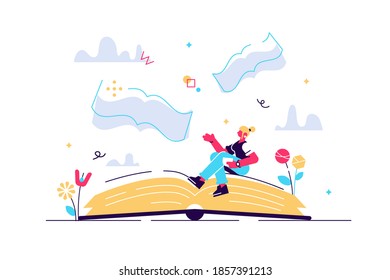 Books message as literature meaning and author moral idea tiny person concept. Creative idea presenting method with hidden information vector illustration. Blog, poem or novel story publication event.