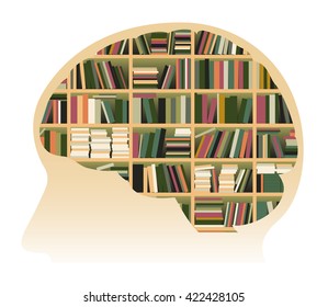 Books In Mind. Conceptual Vector Illustration Of A Human Brain Filled With Books. Representing Knowledge.