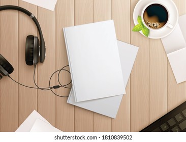 Books mockup composition with realistic images of copybooks headphones and coffee on top of wooden table vector illustration