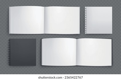 Books mockup realistic set of empty paper album and spiral notebook images isolated on transparent background vector illustration