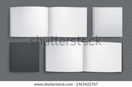 Books mockup realistic set of empty paper album and spiral notebook images isolated on transparent background vector illustration