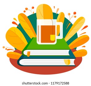 Books with a mug of tea and a decor of autumn leaves in the style of flat