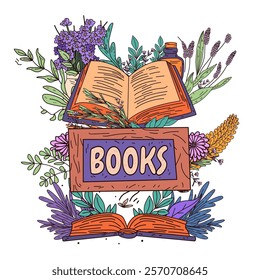 Books nature theme with open book surrounded by flowers leaves and bottle vibrant colors decorative elements perfect for website banner or template