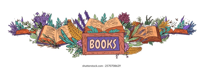 Books nature theme open books surrounded by colorful flowers and leaves creating an enchanting scene vibrant colors botanical elements artistic design