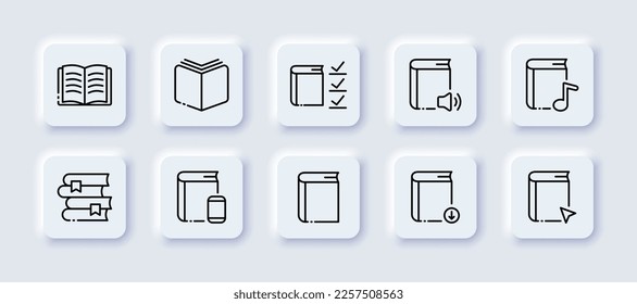 Books neomorphic icons set. Print, neomorphism, study, knowledge, education, audio, electronic, work, smartphone, library, online, download, open. Literature concept. Vector neomorphic set icons