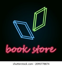 Books with neon effect on a dark background. Bookstore signboard. Vector illustration. For registration of retail outlets at night.