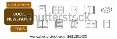 Books and newspapers editable stroke icons including open book, closed book, stacked books, magazines, and press articles.