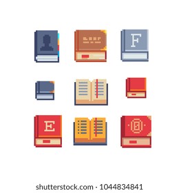 Books and notebook pixel art icons set. Element design for mobile app, web, sticker, logo. Game assets 8-bit sprite. Open and closed book isolated vector illustration. School stationery and training. 