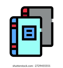 Libros y un cuaderno que representan el estudio, la escuela, la universidad, la enseñanza, el conocimiento, la literatura, la Biblioteca y las actividades intelectuales en un colorido ícono de pixel art