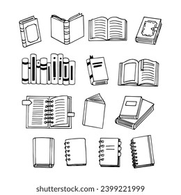 icono de juego de libros y portátiles. esbozar el estilo de doodle dibujado a mano. vector, minimalismo, monocromo. biblioteca, aprendiendo a leer letras.