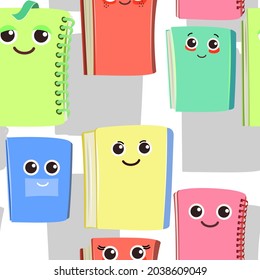 Books, notebooks and notepads. Cheerful cute cartoon character. Isolated on white background. Childrens design. With a face and a smile. Seamless background pattern. Vector