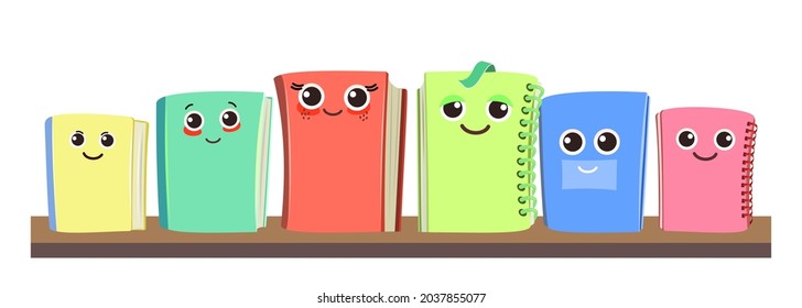 Books, notebooks and notepads on the shelf. Cheerful cute cartoon character. Horizontal composition. Childrens design. With a face and a smile. Isolated on white background. Vector