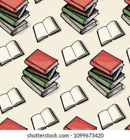Books and notebooks, seamless color pattern, sketches hand drawing, vector illustration