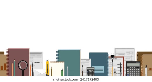 Books, notebooks and stationery. Horizontal seamless composition. Isolated on white background. Funny cartoon style. Picture vector