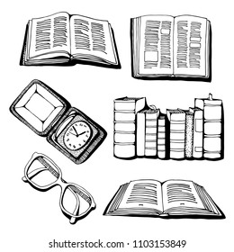 Books, old clock and glasses set, vector illustration isolated on white background