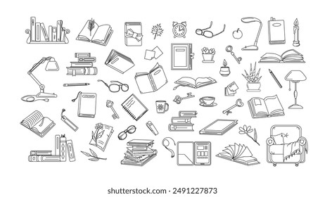 Books, old and new, open or closed, stacked. Reading theme. Black and white outline coloring images