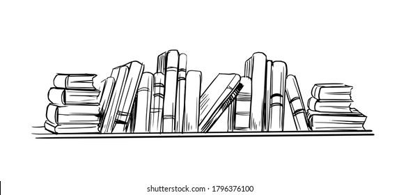 Books on the bookshelf. Hand drawn sketch illustration. Vector with transparent background