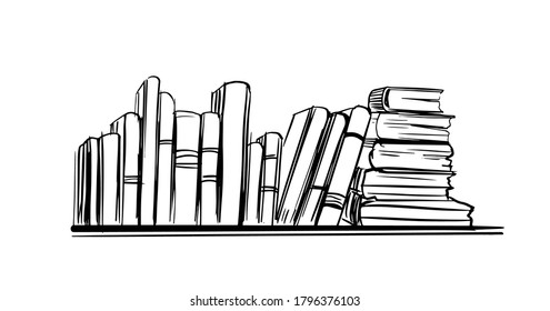 Books on the bookshelf. Hand drawn sketch illustration. Vector with transparent background
