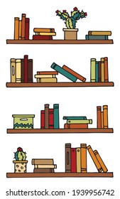 Books on the Bookshelves in Coloured Doodle style for notebooks, posters, postcards. Vector EPS 10