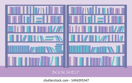 Books on the bookshelves fill the walls. flat design style minimal vector illustration. purple color