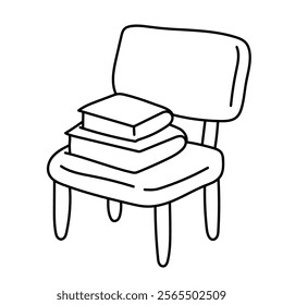 Books on the chair. Black and white illustration, hand drawn coloring.