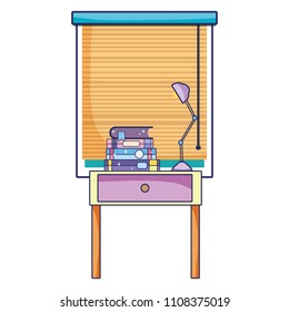 books on the interior table and lamp