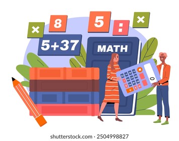 Libros sobre matemáticas. Hombre y mujer sentados cerca de una enorme pila de libros de texto. Estudiantes con clase de matemáticas. Educación, aprendizaje y formación. Ilustración vectorial plana aislada sobre fondo blanco