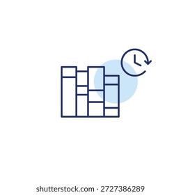 Livros na prateleira e relógio. Tempo de estudo, leitura da agenda. Pixel perfeito, ícone de vetor de traçado editável