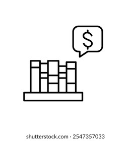 Livros na prateleira e símbolo de dólar no balão de fala. Alfabetização financeira, educação como investimento. Vendendo conhecimento. Ícone de vetor perfeito de pixel