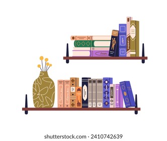 Books on shelf. Fiction, classic, science literature on bookshelf. Home library with school textbooks, paper encyclopedias standing and lying. Flat vector illustration isolated on white background