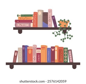 Books on the shelf. Flat vector illustration. Home library. Kids books, fantasy, novel, romance, detective, folk, fairy tales.