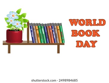 Books on a shelf with a flower pot on it near the text World Book Day. Vector illustration isolated on white.