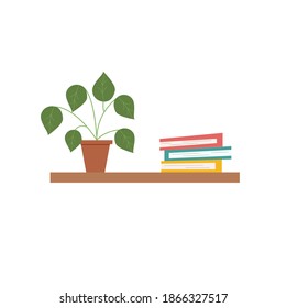 Books on the shelf and a flowerpot. Love reading concept. Flat vector illustration.