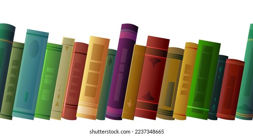 Books on shelf. Great collection for reading. Library or bookstore. Seamless horizontal composition. Side view. Isolated on white background. Vector.