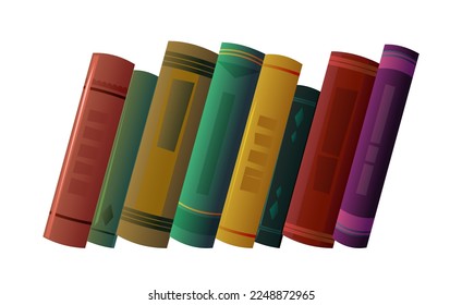 Books on shelf. Great collection for reading. Library or bookstore. Side view. Isolated on white background. Vector.