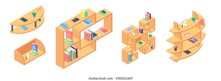Libros en estante conjunto isométrico. Colección de estanterías con literatura y personal.