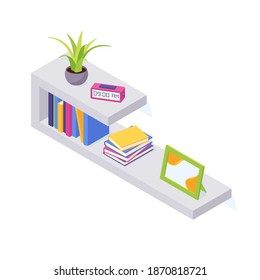Libros en estante en ilustración vectorial isométrica. Pilas de libros de papel de pie y tendidos con cubierta dura para el interior y el almacenamiento del hogar. Diversos libros en caja para la educación y la lectura.