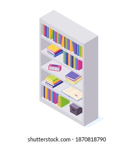 Books on shelf in isometric vector illustration. Stacks of standing and lying paper books with hard cover in case for home interior and storage. Various literature in box for education and reading.