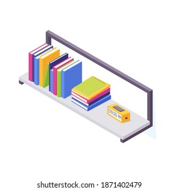 Books on shelf in isometric vector illustration. Stacks of standing and lying paper books with hard cover in case for home interior and storage. Various literature in box for education and reading.