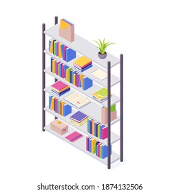 Books on shelf in isometric vector illustration. Stacks of standing and lying paper books with hard cover in case for home interior and storage. Various literature in box for education and reading.