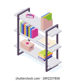 Books on shelf in isometric vector illustration. Stacks of standing and lying paper books with hard cover in case for home interior and storage. Various literature in box for education and reading.