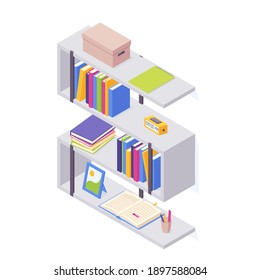 Books on shelf in isometric vector illustration. Stacks of standing and lying paper books with hard cover in case for home interior and storage. Various literature in box for education and reading.