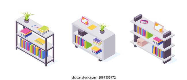 Books on shelf in isometric vector illustration set. Stacks of standing and lying paper books with hard cover in case for home interior and storage. Literature in box for education and reading.