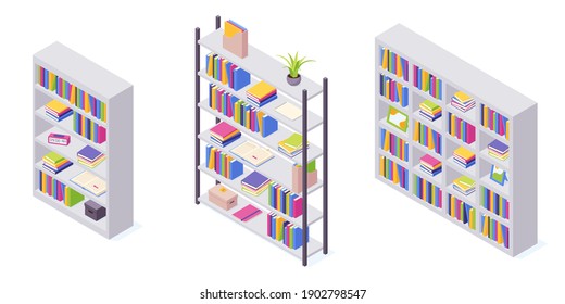 Libros en estante en conjunto de ilustraciones vectoriales isométricas. Pilas de libros de papel de pie y tendidos con cubierta dura para el interior y el almacenamiento del hogar. Literatura disponible para la educación y la lectura.