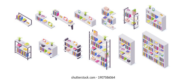 Books on shelf in isometric vector illustration set. Stacks of standing and lying paper books with hard cover in case for home interior and storage. Literature in box for education and reading.